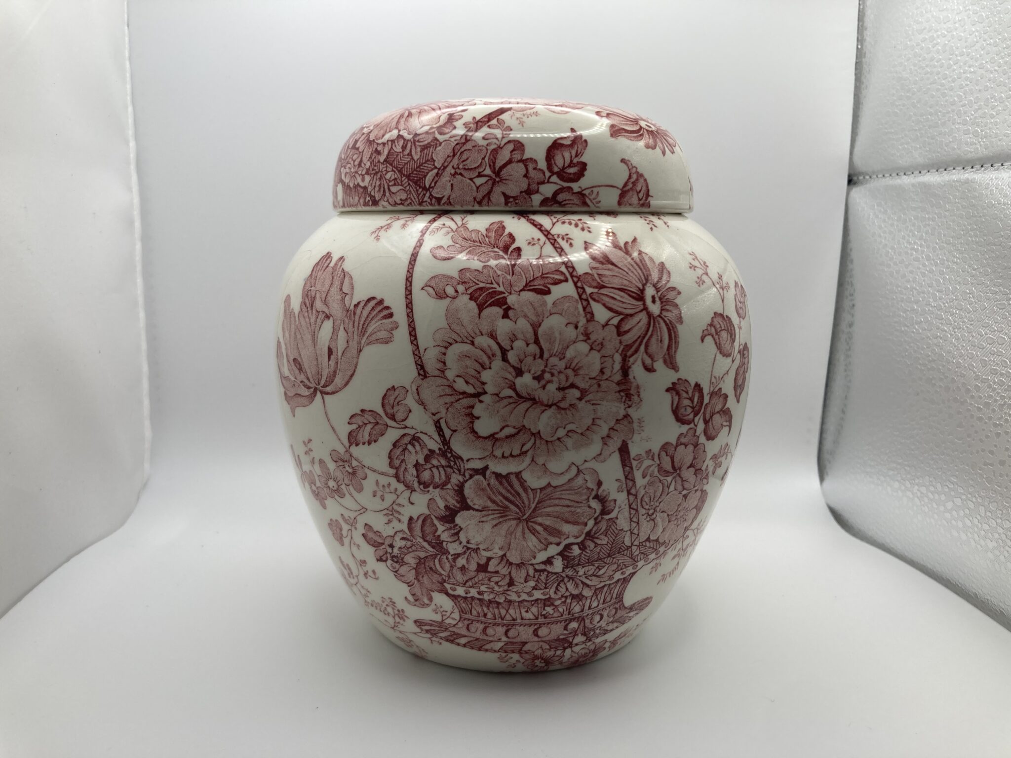 Vintage red and white covered jar