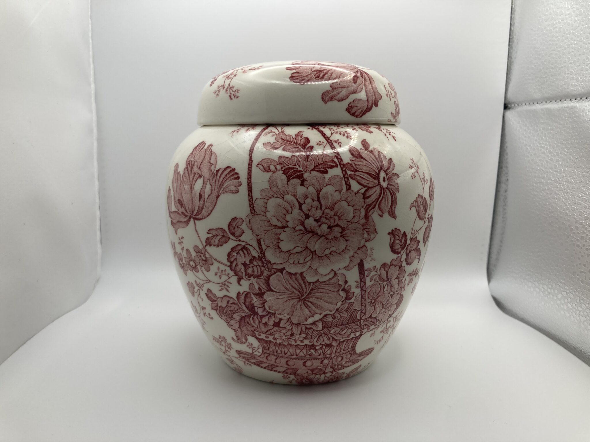 Red transferware jar